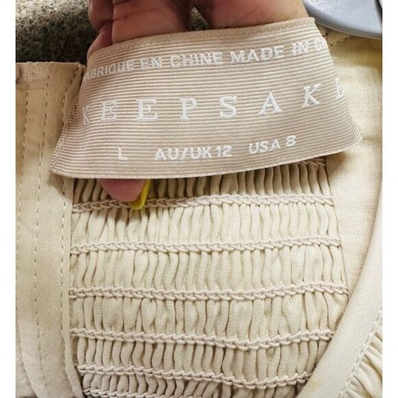 Keepsake Asymmetric Beige Short Puffy Sleeves Open Cut Waist Ruffled Hem Dress 8 - Picture 6 of 9